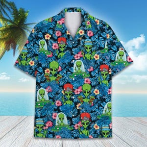 Alien UFO Hawaiian Shirt Men Women Youth, Funny Alien Aloha Shirt Short Sleeve Button-Down, Retro Sci-Fi Beach Shirt