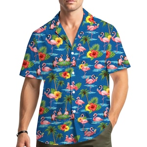 Funny Flamingo Hawaiian Shirt for Men Women, Pink Bird Tropical Beach Shirt, Summer Vacation Aloha Party Button Down Shirt Short Sleeve