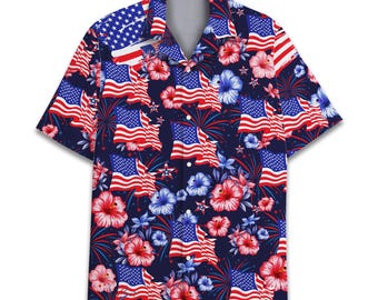 Tropisches Vaterländisches Hawaii-Hemd Männer Frauen Jugend, 4. Juli Button-Down-Kurzarm, Hemd mit amerikanischer Flagge, Outfit zum Unabhängigkeitstag