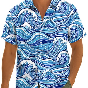 Ocean Wave Button Pocket Hawaiian Shirt For Men Women, Japanese Style Surf Shirt, Blue Sea Aloha Shirt, Minimal Summer Vacation Tee