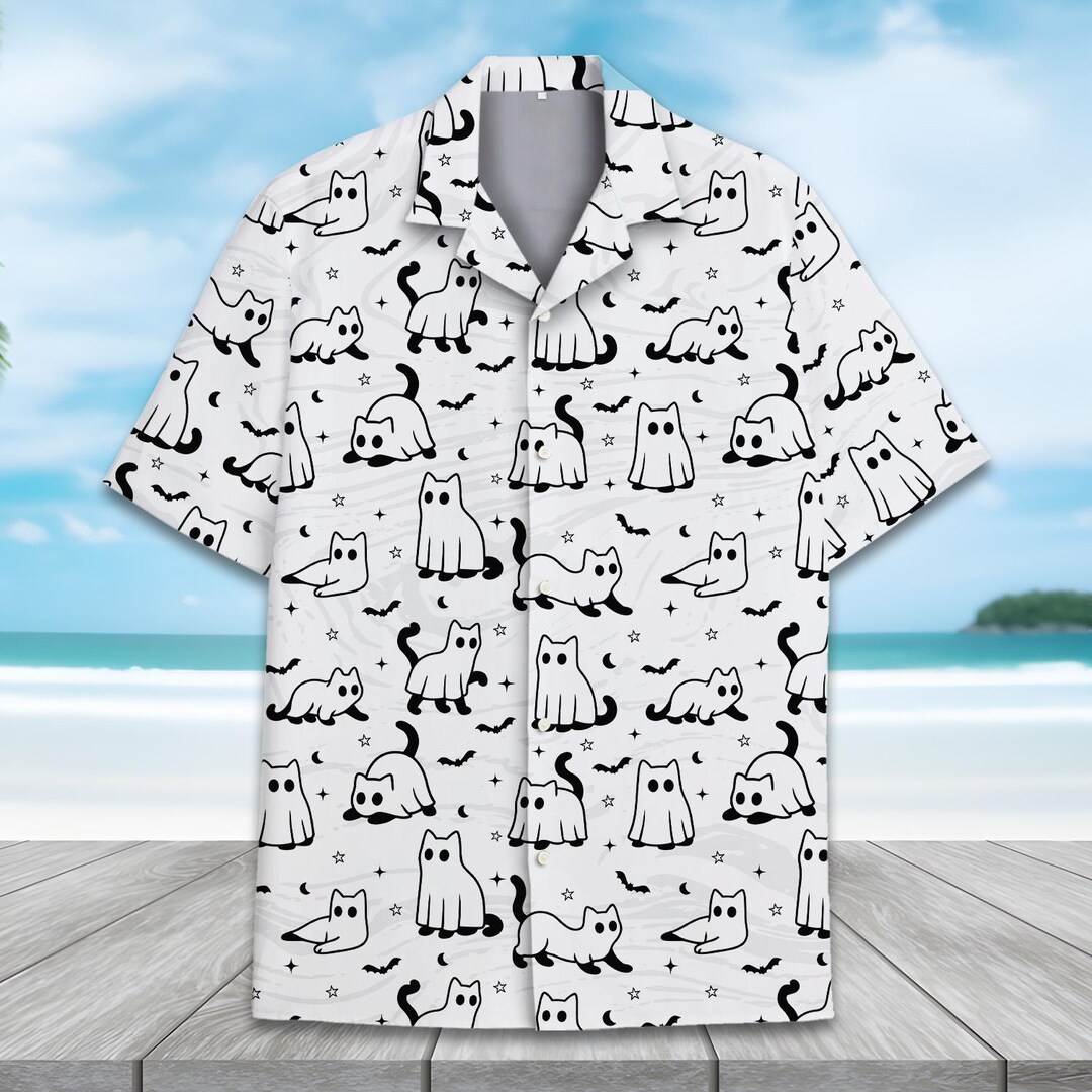 Ghost Cat Halloween Hawaiian Shirt Men Women Youth, Cute Cat and