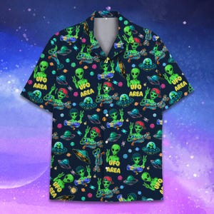 Alien UFO Hawaiian Shirt Men Women Youth, UFO Area Alien Aloha Shirt Short Sleeve Button-Down, Retro Sci-Fi Beach Shirt