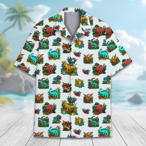 Funny Retro Dinosaur Hawaiian Shirt for Men Women Youth, Colorful Dino Summer Shirt, Summer Beach Short Sleeve Button Down Shirt