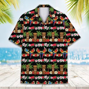 Tropical Parrot Tiki Hawaiian Shirt for Men Women, Aloha Button Down Shirt with Palm Trees and Hibiscus Flowers, Summer Beach Gift