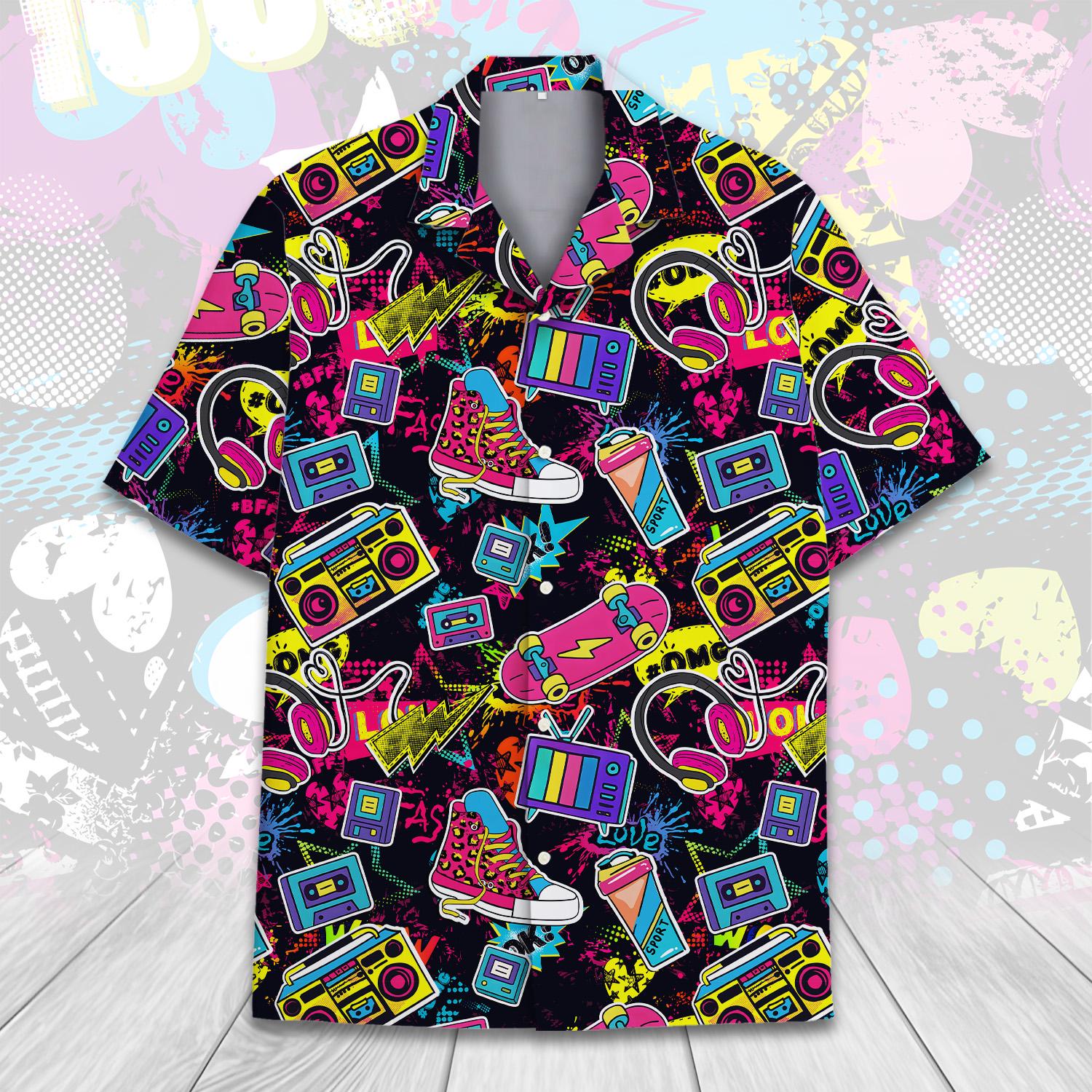 Retro 80s Pop Art Hawaiian Shirt for Men Women Youth, Neon