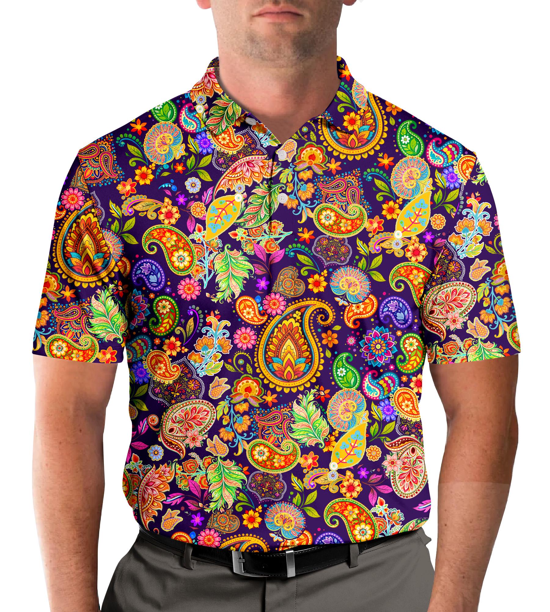 fr2ゴルフ Paisley Full Pattern Polo Shirt Paisley Golf Polo Shirt for Women Men, Colorful Floral Vintage