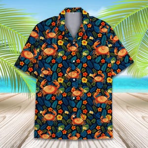 Crab Hawaiian Shirt for Men Women Youth, Tropical Summer Beach Button Up Shirt, Cute Orange Crab Floral Print Vacation Shirt