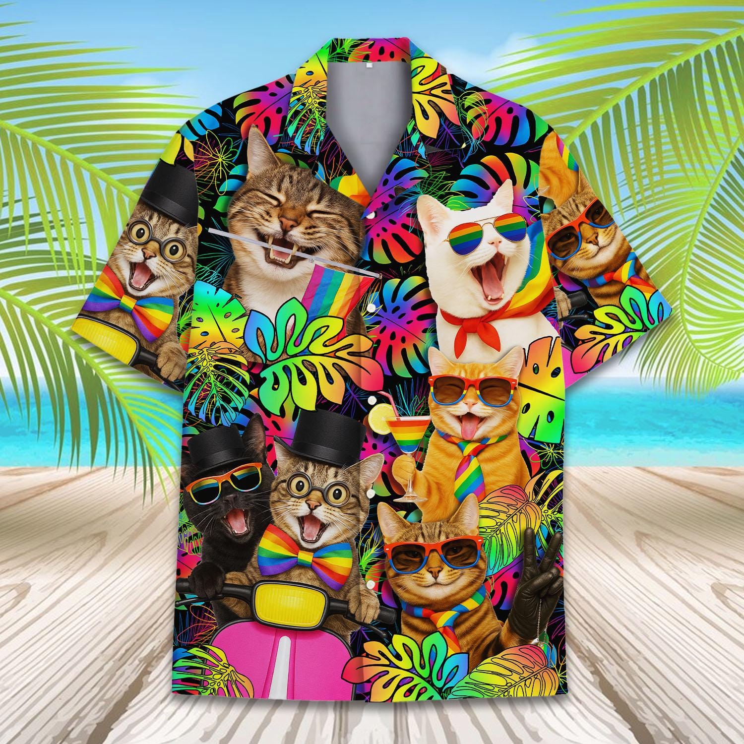Rainbow Cat Hawaiian Shirt for Men Women Youth, Funny Pride Cats