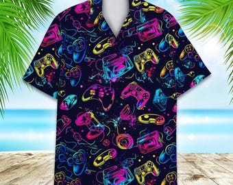 Neon Game Console Hawaiian Shirt for Men Women Youth, Retro Video Game Shirt, Funny Gaming Aloha Button Down Shirt, Summer Beach Shirt
