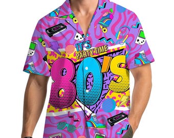 Camisa hawaiana retro de los 80 para hombre, mujer y joven, camisa vintage neón con botones, camisa de fiesta disco divertida, top colorido para vacaciones de verano estilo años 80