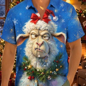 May include: A short-sleeved button-down shirt in blue featuring a graphic of a white sheep with a grumpy expression, wearing a red bow and a Santa hat. The design includes a festive wreath around the sheep's neck with pine branches and ornaments.