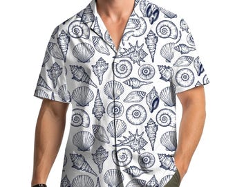 Seashell Hawaiian Shirt for Men Women Youth, Beach Aloha Shirt Summer Vacation Button Down, Ocean Nautical Holiday Outfit