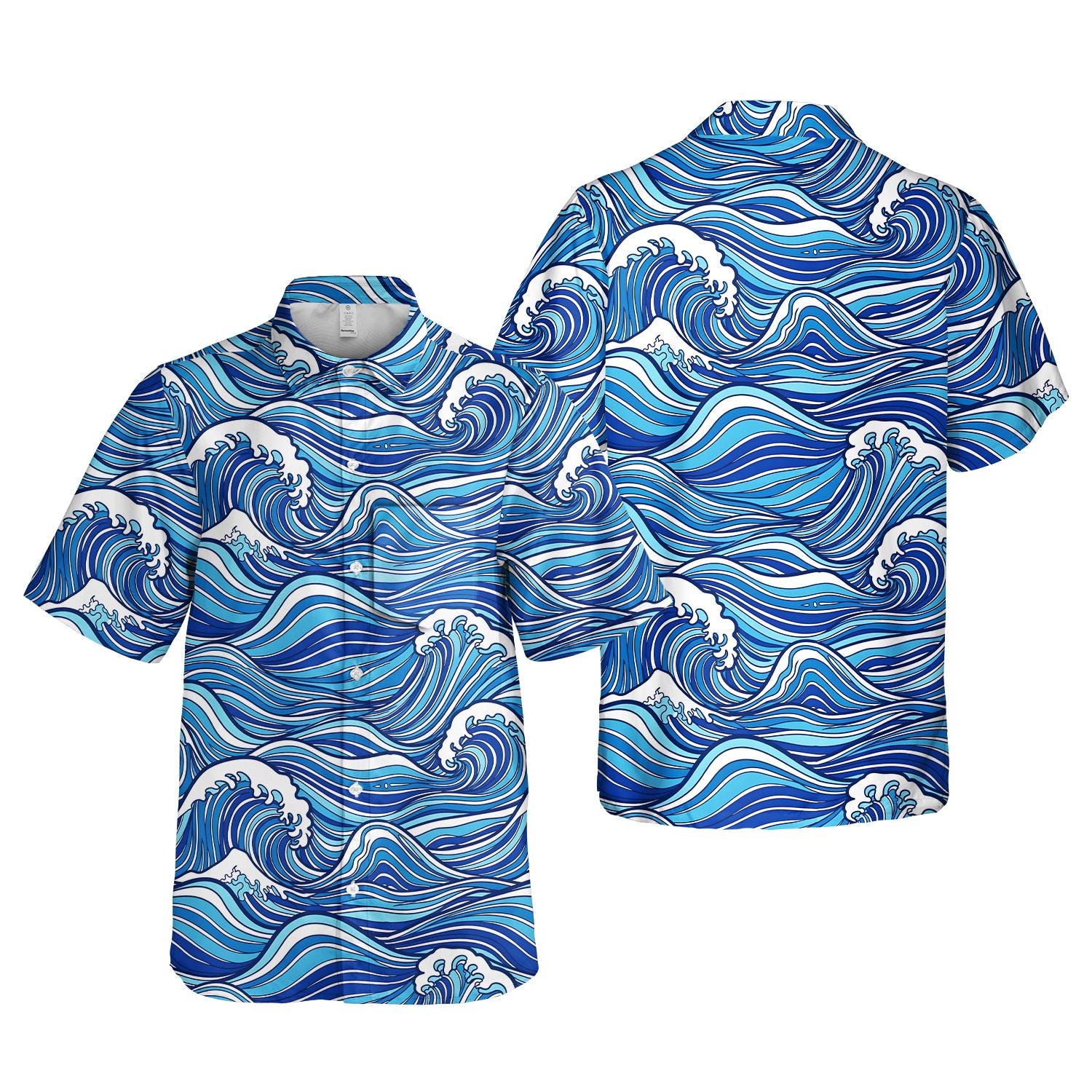 Ocean Wave Button Pocket Hawaiian Shirt for Men Women, Japanese 