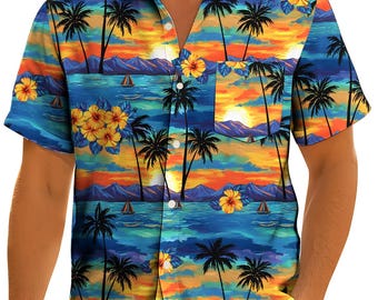 Hawaiian Shirt with Pocket for Men Women, Tropical Sunset Aloha Button Down, Short Sleeve Beach Vacation Casual Top