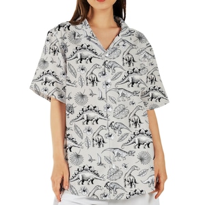 Vintage Dinosaur Hawaiian Shirt For Women, Jurassic Park Aloha Shirt, Dinosaur Short Sleeve Button Down Shirt, Prehistoric Dino Shirt
