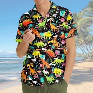 Funny Retro Dinosaur Hawaiian Shirt for Men Women Youth, Colorful Dino Summer Shirt, Summer Beach Short Sleeve Button Down Shirt