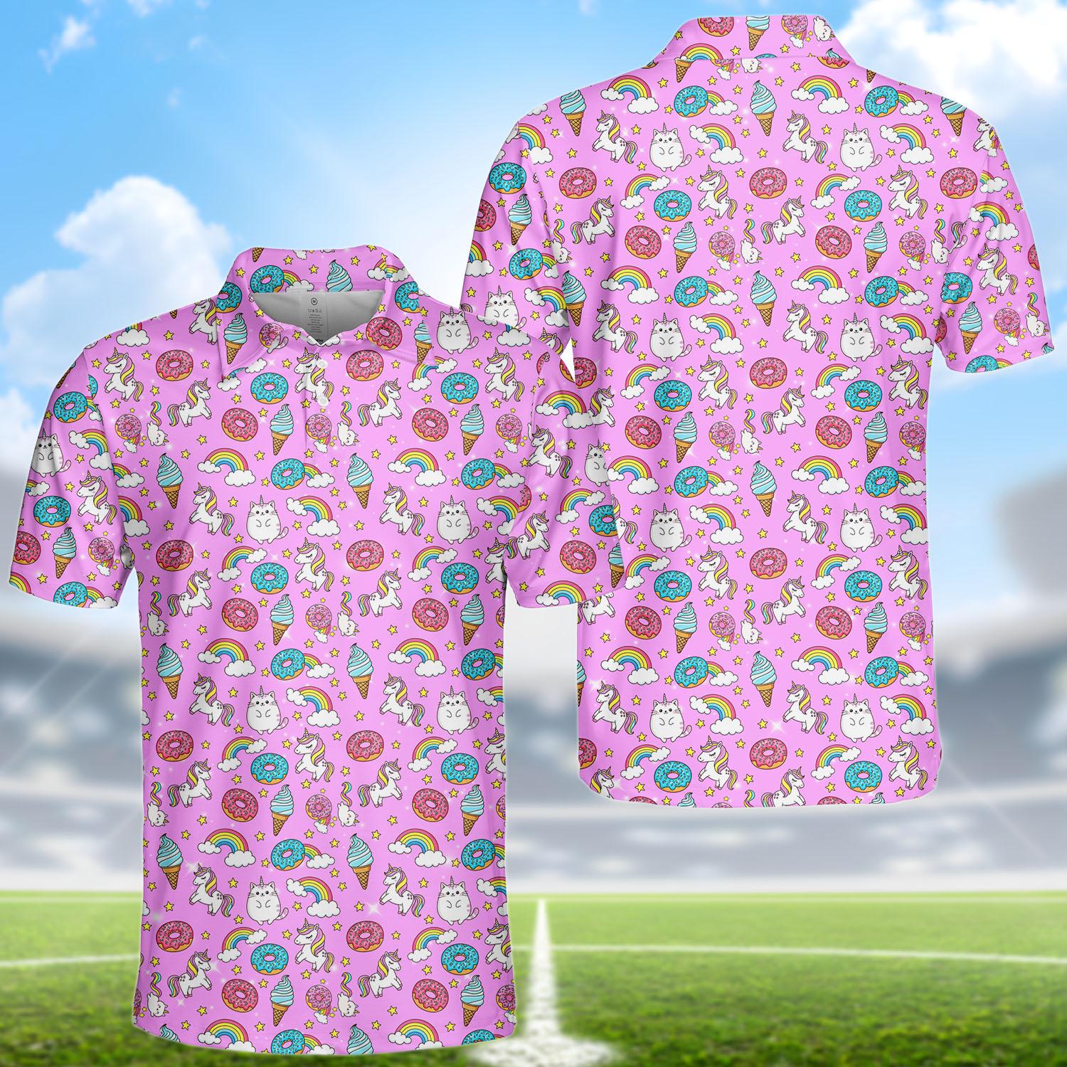 Cute Pink Unicorn Cat Donut Polo Shirt for Men Women, Funny 