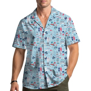 Surfboard Beach Hawaiian Shirt for Men Women Youth, Tropical Summer Ocean Vacation Shirt, Fun Surfing Aloha Button Down Shirt