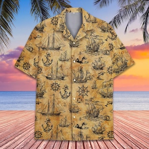 Vintage Pirate Ship Hawaiian Shirt for Men Women Youth, Nautical Shirt Button Up, Ocean Sailing Boat Aloha Shirt, Sea Captain Cruise Outfit