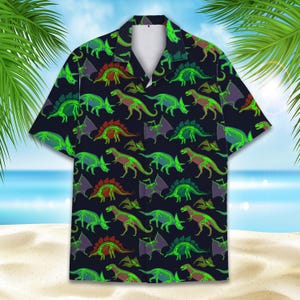 Neon Dinosaur Hawaiian Shirt Men Women Youth, Glow in the Dark Fossil Aloha Shirt, Prehistoric Jurassic Park Shirt Button Down Shirt
