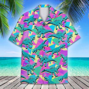 Retro Dinosaur Hawaiian Shirt, Neon 80s Vaporwave Dino Shirt with Bright Geometric Background, Funny Summer Shirt for Men Women Youth