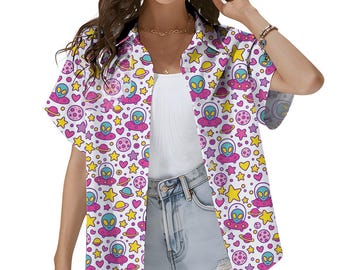 Colorful Alien & Planet Hawaiian Shirt for Women, Cute Aloha Shirt, Alien Short Sleeve Button Down, Vibrant Summer Beach Shirt, Gift For Her