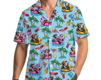 Bigfoot Flamingo Pool Float Hawaiian Shirt for Men Women Youth, Summer Beach Vacation Button Down Shirt, Funny Sasquatch Swim Party Shirt