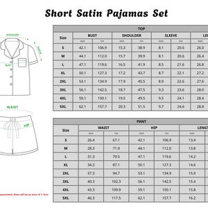 May include: Short satin pyjama set with a top and shorts, featuring a size chart with measurements in inches and centimetres. The top has a button-down design with short sleeves, and the shorts have a drawstring waist.