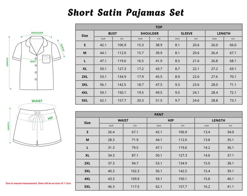May include: Short satin pyjama set with a top and shorts, featuring a size chart with measurements in inches and centimetres. The top has a button-down design with short sleeves, and the shorts have a drawstring waist.