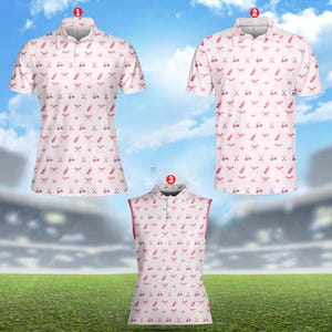 Polo de golf rosa para hombre y mujer, con divertido estampado de palos y lazo de carrito de golf, sin mangas y de manga corta para amantes del golf, ideal como regalo.