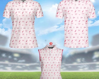 Cute Pink Golf Polo Shirt for Women Men, Funny Golf Cart Bow and Club Pattern, Sleeveless & Short Sleeve Polo for Golf Friends, Gift Idea