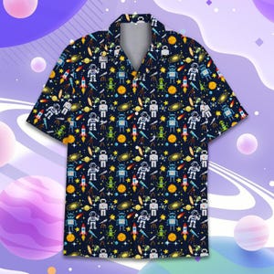Galaxy Robot Astronaut Hawaiian Shirt Men Women Youth, Alien Space Aloha Shirt, Colorful Cosmic Button Down Shirt, Outer Space Party Gift