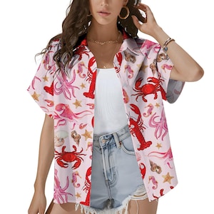 Seafood Ocean Hawaiian Shirt for Women, Cute Crab Lobster Octopus Starfish Print, Summer Beach Vacation Button Down Shirt