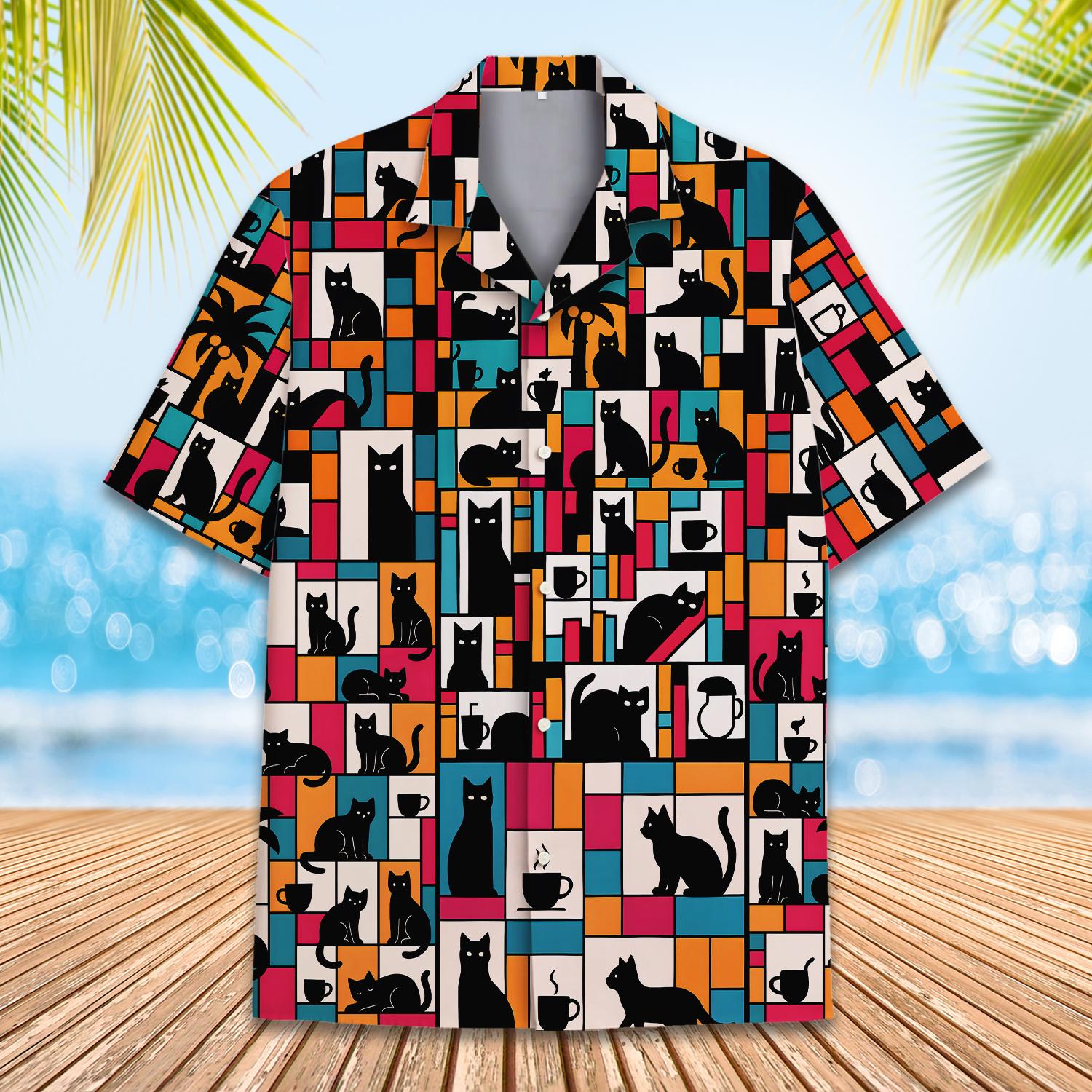 Retro Cat Hawaiian Shirt Men Women Youth, Colorful Coffee and Cat