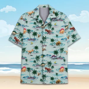 Funny Dinosaur Hawaiian Shirt for Men Women Youth, Tropical Jurassic Beach Shirt, Summer Vacation Button Down Shirt, Dino Aloha Shirt