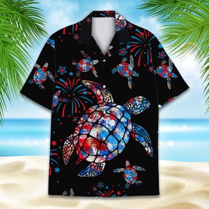 American Flag Sea Turtle Hawaiian Shirt Men Women Youth, Patriotic Aloha Shirt, 4th of July Shirt Button Down Short Sleeve, USA Flag Shirt