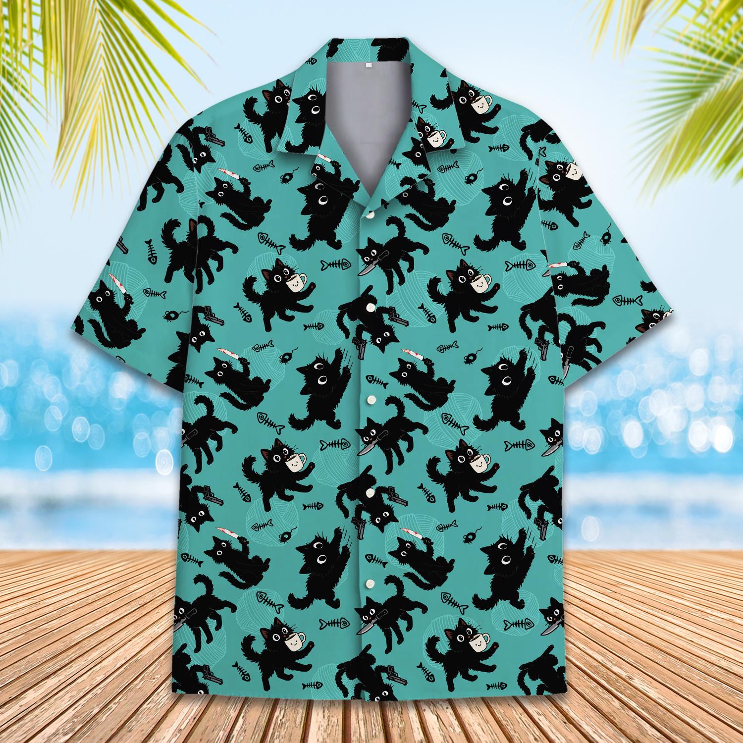 Funny Black Cat Hawaiian Shirt for Men Women Youth, Cute Kitty