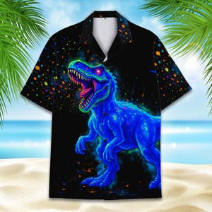 Neon Dinosaur Hawaiian Shirt Men Women Youth, Glow in the Dark T rex Aloha Shirt, Prehistoric Jurassic Park Shirt Button Down Shirt