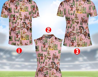 Cowgirl Pin Up Rodeo Polo Shirt for Women Men, Western Horse Riding Button Up Shirt, Funny Retro Country Cowboy Golf Top