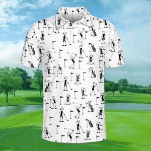 Polo de golf con figura de palo para hombre y mujer, estampado de golfista de dibujos animados, camiseta de manga corta de golf divertida, atuendo de golf de verano
