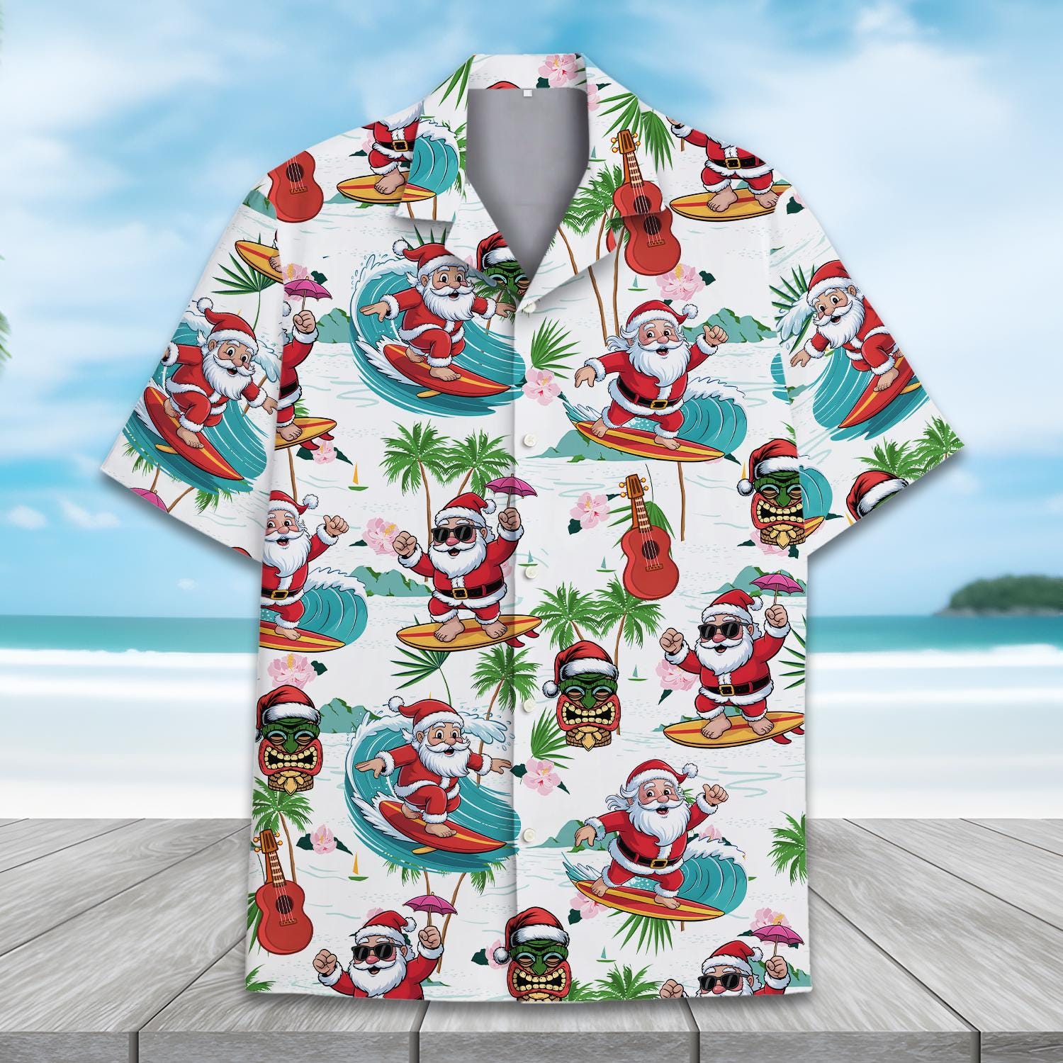 Men's Hawaiian Shirt - Santa Claus & Floral Print Aloha Beach Shirt, Short Sleeve Button Down, Quick-Dry Fabric, Size Medium