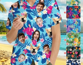 Chemise hawaïenne personnalisée avec visage, chemise personnalisée avec photo, chemise hawaïenne entièrement imprimée pour hommes femmes jeunes, chemises d'anniversaire