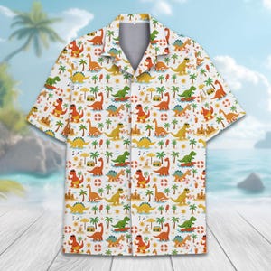 Funny Retro Dinosaur Hawaiian Shirt for Men Women Youth, Colorful Dino Summer Shirt, Summer Beach Short Sleeve Button Down Shirt