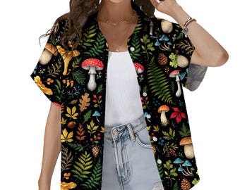 Koszula hawajska Mushroom dla kobiet, psychodeliczna koszula z krótkim rękawem zapinana na guziki Mushroom Mycology Shirt, prezent dla miłośników grzybów