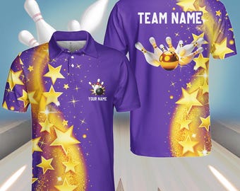 May include: Purple bowling jersey with a gold star design and a bowling ball graphic. The jersey has the text "TEAM NAME" on the back and "YOUR NAME" on the front.