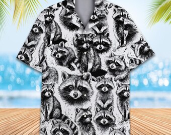 Camisa havaiana de guaxinim para homens e mulheres, estampa de guaxinim preta e branca, camisa de praia de verão com botões, presente engraçado para amantes de animais