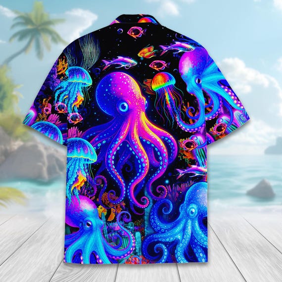 Neon Octopus and Jellyfish Hawaiian Shirt for Men Women Youth