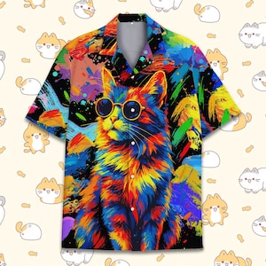 May include: A colorful Hawaiian shirt with a psychedelic cat wearing sunglasses. The cat is surrounded by colorful paint splatters and abstract shapes.