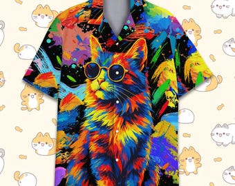 Colorful Cat Hawaiian Shirt Men Women Youth, Trippy Sunglasses Cat Aloha Shirt, Summer Short Sleeve Button Down, Funky Cat Shirt