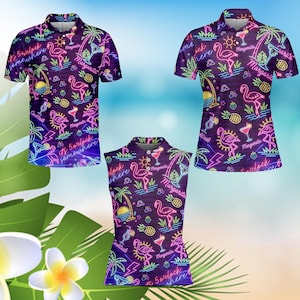 May include: Three polo shirts with a dark purple background and a neon flamingo, cocktail, and palm tree design. The text "It's 5 o'clock somewhere" and "Margarita" are also featured. The shirts have short sleeves and a collared neckline.